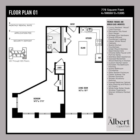 Floor plan for 1 bed, 1 bath, 778 sqft